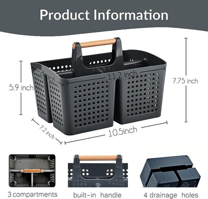 Portable Shower Caddy Basket with Compartments, Plastic Divided Cleaning Caddy Organizer Storage Tote with Handle for Bathroom, College, Dorm Room Essentials, Dark Gray