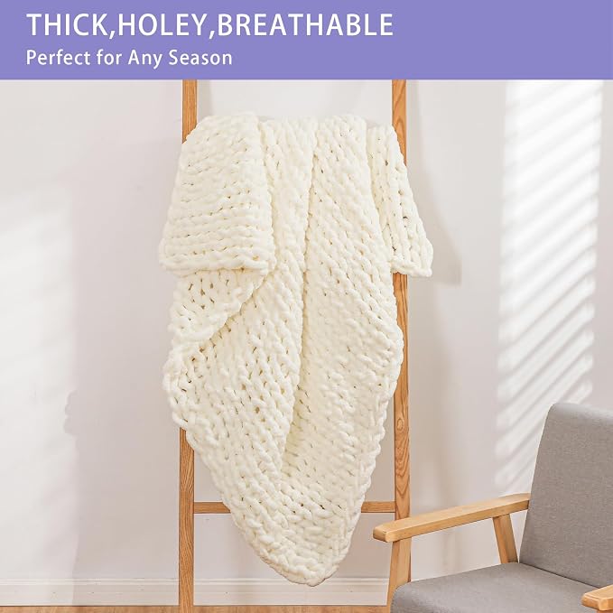 Bigacogo Chunky Knit Throw Blanket for Couch, 40x40 inches, 100% Hand Knitted with Thick Jumbo Chenille Yarn, Cozy Soft Large Rope Knot Cable Crochet Blankets for Sofa Bed Living Room, Ivory