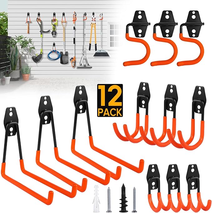 Donext Garage Hooks, 12 Pack Heavy Duty Steel Utility Hooks for Hanging, Wall Mount Garage Storage Hooks for Tools, Ladders, Bikes, Bulky Items, Orange