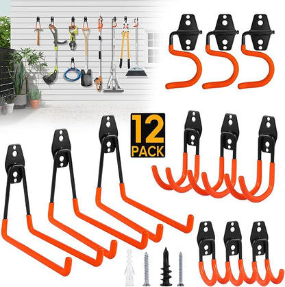 Donext Garage Hooks, 12 Pack Heavy Duty Steel Utility Hooks for Hanging, Wall Mount Garage Storage Hooks for Tools, Ladders, Bikes, Bulky Items, Orange