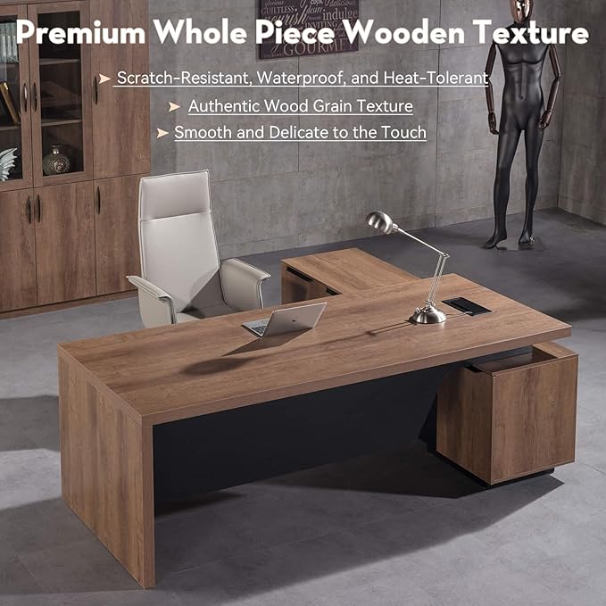 Retractable L-Shaped Executive Desk, Modern Office Desk with Drawers and Lateral File Cabinet, Large Computer Desk with Storage Shelves, Workstation for Home Office (Left Return, 70.86 - 78.7 IN)