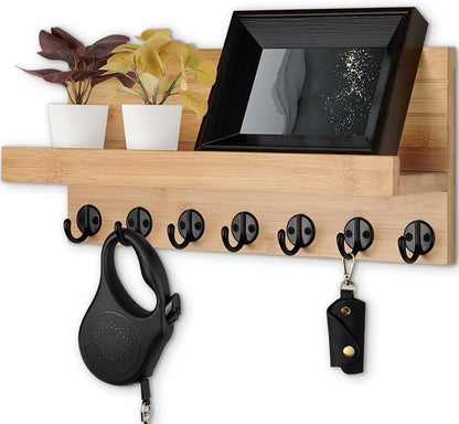 Key Holder Wall Mount, Entryway Key and Mail Holder with 7 Sturdy Hooks for Sunglasses, Dog Leash, Decorative Wall Shelf with Mounting Hardware, 15”W x 6.7”H x 4.2”D
