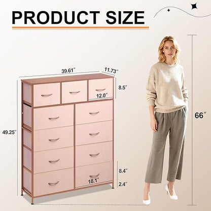 Tall Console Table with 11 Fabric Drawers, Entryway Table with Storage, Tall Storage Organizer with Wood Top, Steel Frame for Living Room, Hallway, Office, Pink