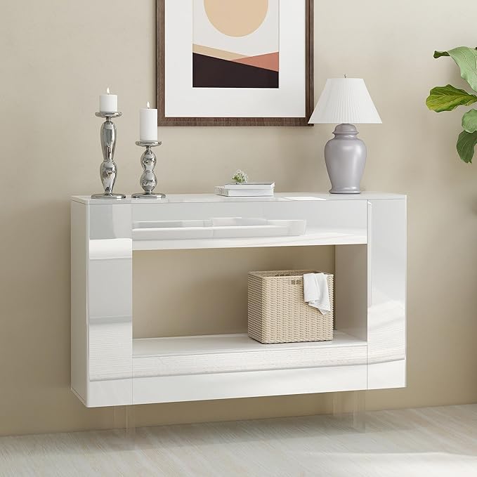 High Gloss Console Table with Hidden Side Storage Cabinets, Adjustable Shelves, Modern Entryway Sofa Table for Behind The Couch, Living Room, Hallway, White