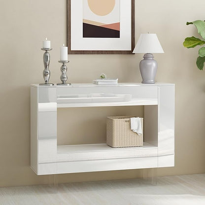 High Gloss Console Table with Hidden Side Storage Cabinets, Adjustable Shelves, Modern Entryway Sofa Table for Behind The Couch, Living Room, Hallway, White