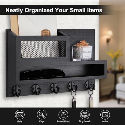 Key and Mail Holder Wall Mount, Key Hanger with Long Storage Box and 5 Hooks for Coat, Dog Leash, Home Decor Rack, House Accessories, Entry Way Organizer 11.8”W x 7.8”H x 3.2”D