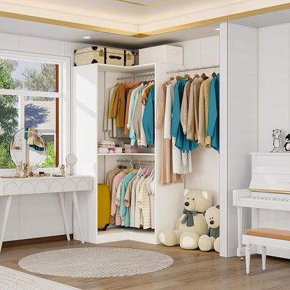 Vomavex Corner Closet System with 3 Hanging Rods, 30.8”-70.2” L Shaped Freestanding Closet Organizer for Walkin Closet, Corner Wardrobe, White