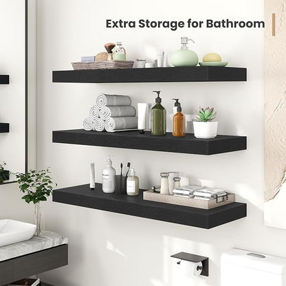 Heimlove 12 Inch Deep Floating Shelves, 16 x 12 inches Long Wall Shelf, Large Extra Display Shelf & Storage Shelf, Rustic Wood Wall Shelves for Fireplace Mantel, Black - 2Pack