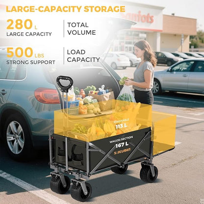 Collapsible Wagon Cart with Removable Tabletop, 500LBS Folding Wagons with Extended Tailgate, Big All-Terrain Wheels, Heavy Duty Utility Wagon Carts for Beach, Picnic, Grocery, Outdoor