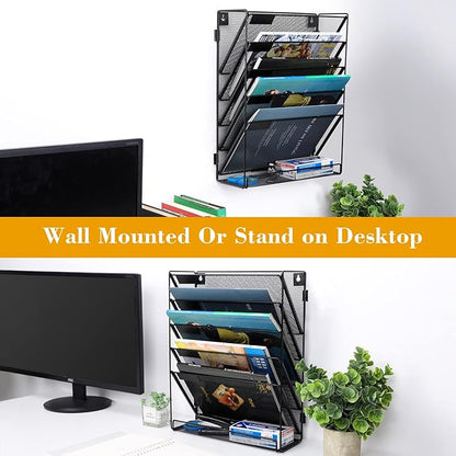 EasyPAG Mesh Wall File Organizer 5 Tier Letter-Sized Assemble Desk/Wall Mount File Holder Mail Organizer for Office Home and Classroom, 2 Pack Black