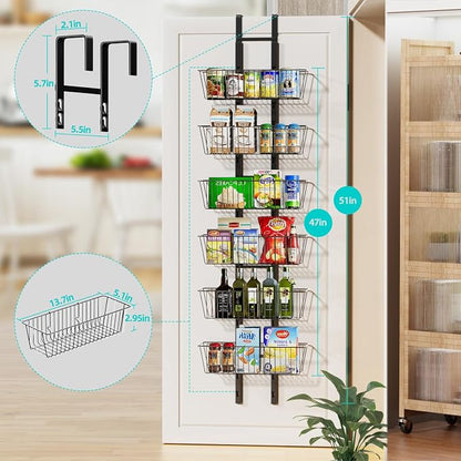 6-Tier Over The Door Pantry Organizer, Metal Hanging Storage Shelf Spice Rack with Adjustable 6 Baskets, Space-Saving Behind Door Organizer for Kitchen, Bathroom, Laundry Room, Black