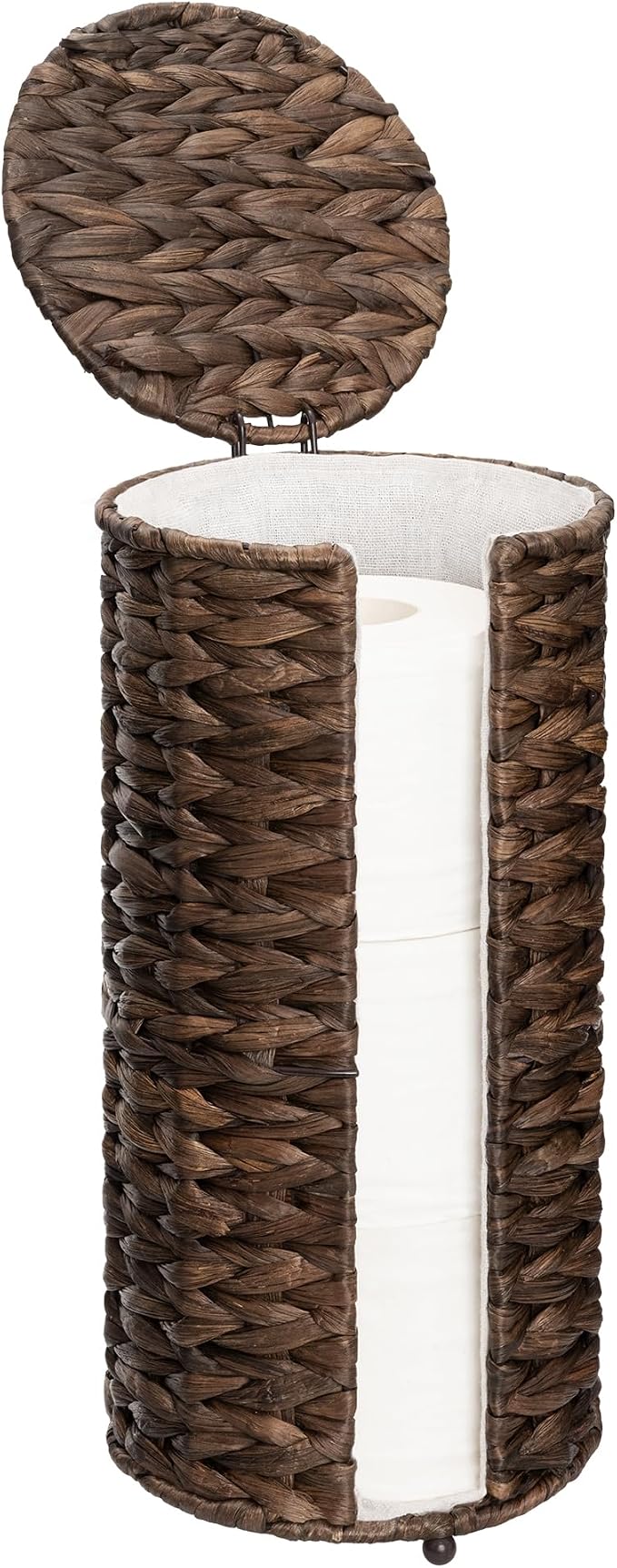 StorageWorks Free Standing Wicker Toilet Paper Holder Stand for Bathroom Storage, Decorative Water Hyacinth Toilet Paper Storage with Lid, 3 Rolls of Tissue Holder with a Built-in Cloth Lining, Brown