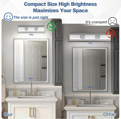 Modern LED Small Bathroom Lights Fixtures(3-Light),Stainless Steel Chrome Acrylic Wall Lighting,Vanity Lights for Bathroom Over Mirror(6000K 16in)