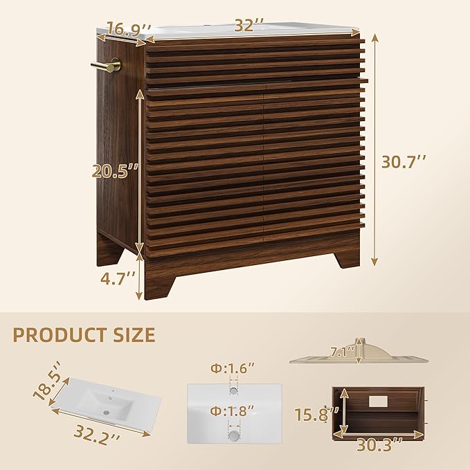 VNN 32 Inch Bathroom Vanity with Ceramic Sink - Freestanding Modern Bathroom Storage Vanity Cabinet with Fluted Design, Soft-Close Doors, Shelves, Toilet Paper Holder & Towel Hooks, Walnut