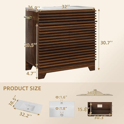 VNN 32 Inch Bathroom Vanity with Ceramic Sink - Freestanding Modern Bathroom Storage Vanity Cabinet with Fluted Design, Soft-Close Doors, Shelves, Toilet Paper Holder & Towel Hooks, Walnut