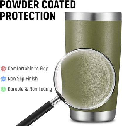 COMOOO 20oz Double Wall Vacuum Insulated Travel Mug, Stainless Steel Tumbler with Lid and Straw Durable Powder Coated Insulated Coffee Cup for Cold & Hot Drinks (Army Green, 12 pack