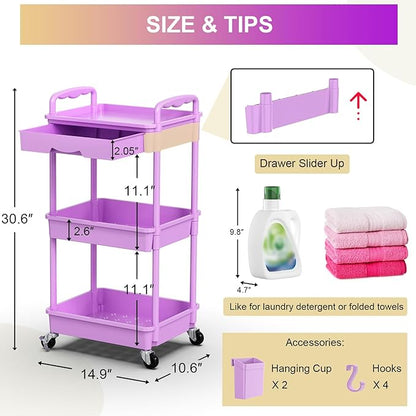 Goovilla 3 Tier Rolling Utility Cart Organizer with Removable Drawer, Stable and Sturdy Purple Rolling Storage Carts with 2 Lockable Wheels for Bathroom, Kitchen, Snack, Craft, Makeup, Baby Essentials
