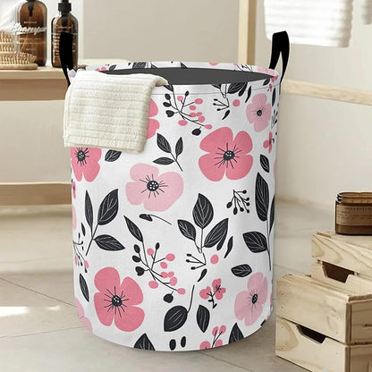 Laundry Basket, Pink Flowers Oxford Cloth Laundry Hamper With Handle Foldable Portable Clothes Storage Basket Storage Bag For Laundry Room/Bathroom/Bedroom/Dormitories