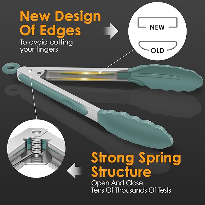 HOTEC Premium Stainless Steel Locking Kitchen Tongs with Silicon Tips, Set of 2-9" and 12", Sage Green