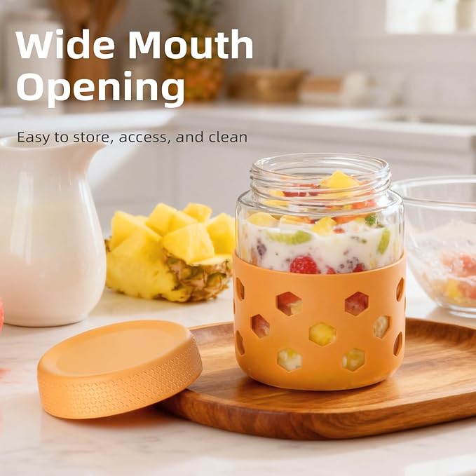 Overnight Oats Containers with Lids and Silicone Sleeve, 6 Pack Wide-Mouth Glass Food Storage Jars, 16oz Mason Jar Style Containers Perfect for Yogurt, Oatmeal, Fruit, Snacks and Meal Prep