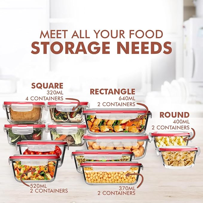 Razab 24 Pc Airtight Glass Food Storage Containers - Glass Meal Prep Containers - Freezer to Oven Safe - Steam Release Valve BPA Free - Airtight Bento Boxes - Leak Proof (12 lids & 12 Containers)