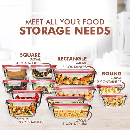 Razab 24 Pc Airtight Glass Food Storage Containers - Glass Meal Prep Containers - Freezer to Oven Safe - Steam Release Valve BPA Free - Airtight Bento Boxes - Leak Proof (12 lids & 12 Containers)