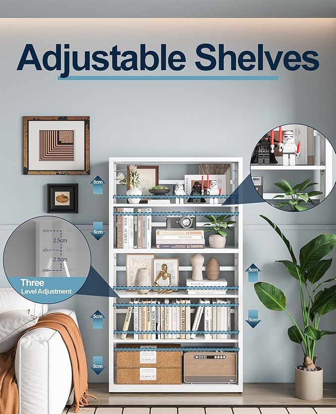 5 Tier Steel Bookshelf, Metal Bookcase with Adjustable Shelves for Home Office, Kitchen, Garage, Modern Storage Dispaly Shelves with Anti-Tip Protection, Heavy-Duty Home Storage Organizer - White