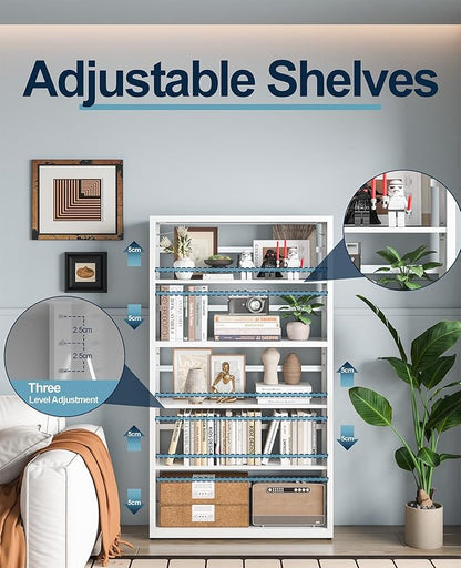 5 Tier Steel Bookshelf, Metal Bookcase with Adjustable Shelves for Home Office, Kitchen, Garage, Modern Storage Dispaly Shelves with Anti-Tip Protection, Heavy-Duty Home Storage Organizer - White
