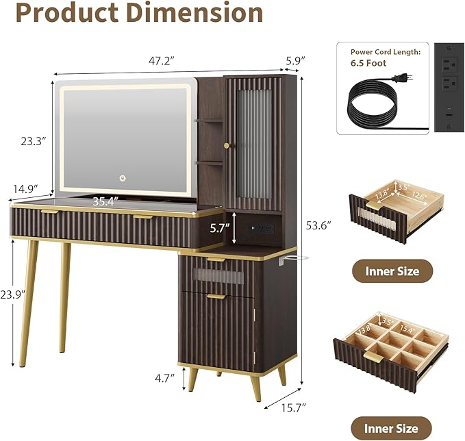 QUW Fluted Makeup Vanity Desk with Mirror and Lighits, 48" Modern Glass Top Vanity Table with Charging Station, Vanity Mirror with Adjustable Brightness, Dressing Table for Bedroom, Dark Walnut