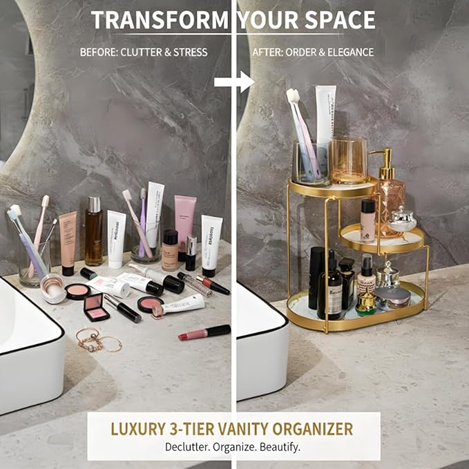 MLVOC Makeup Organizer Countertop, 3 Tiers Skincare Organizer with Gold Finish, Durable Metal Storage for Bathroom or Bedroom Vanity, Tall Spacious Design for Large Bottles