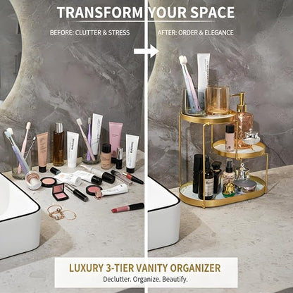 MLVOC Makeup Organizer Countertop, 3 Tiers Skincare Organizer with Gold Finish, Durable Metal Storage for Bathroom or Bedroom Vanity, Tall Spacious Design for Large Bottles