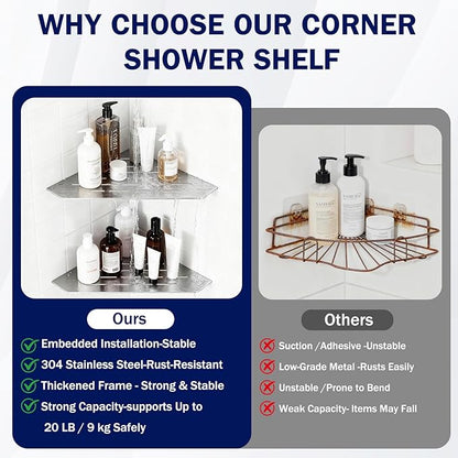 10" Corner Shower Shelf 2 Pcs Brushed 304 Stainless Steel Diamond Heavy Duty Floating Corner Shelves Slot Design Recessed Bathroom Shower Shelf for 90° Tiled Wall, No Drilling Needed