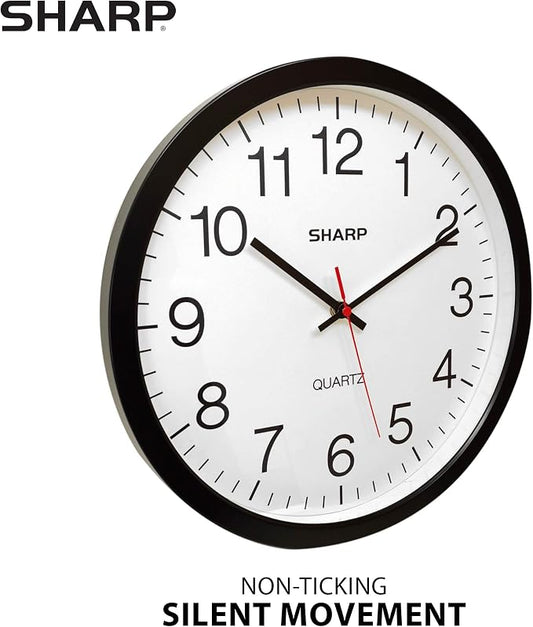 Sharp Wall Clock – Black, Silent Non Ticking 14 Inch Quality Quartz Battery Operated Round Easy to Read Home/Kitchen/Office/Classroom/School Clocks, Sweep Movement