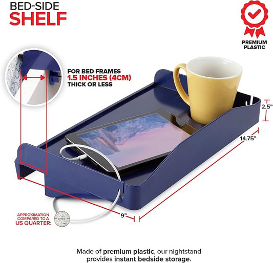 Modern Innovations Bedside Shelf for Bed, College Dorm Room, Bunk Bed Shelf for Top Bunk, Clip On Nightstand Tray with Cord and Cup Holder, Bunkbed Caddy for Table Storage (Navy)
