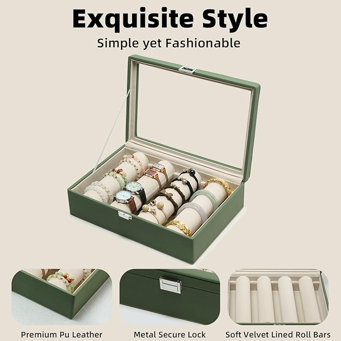 Bracelets Organizer Rods Bangles Display Holder, Clear See through Lid Leather Velvet Jewelry Storage Box Case for Women, 4 Rods Green Leather