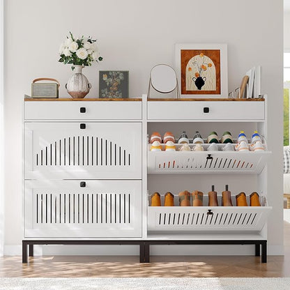 Garvee 2 Flip Drawer Shoe Cabinet with Adjustable Shelves, Hidden Shoe Organizer with Top Drawer, Freestanding Wooden Shoe Rack for Entryway, Hallway, Living Room, White