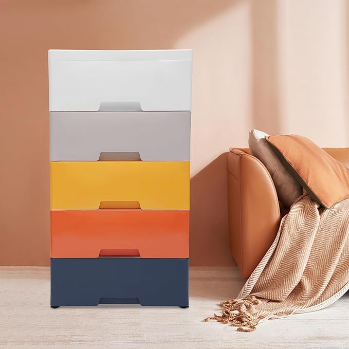 Plastic Dresser for Bedroom with 5 Drawers,Stackable Vertical Storage Tower, Small Dresser Chest of Drawers, Mobile Drawer Storage Cabinet with Wheels for Hallway Entryway,Bedroom Furniture (Coloured)