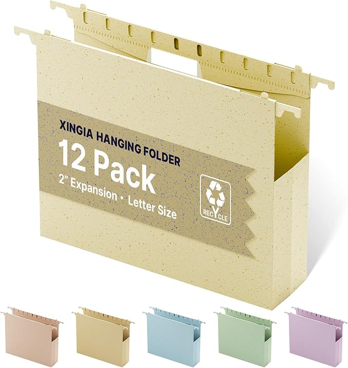 XINGIA Wheat Straw Plastic Hanging File Folders,2 Inch Expansion Letter Size Filing Cabinet Folders,Heavy Duty Expandable File Folder,12 Pack Extra Capacity Hanging Folders with Tab (Morandi Beige)