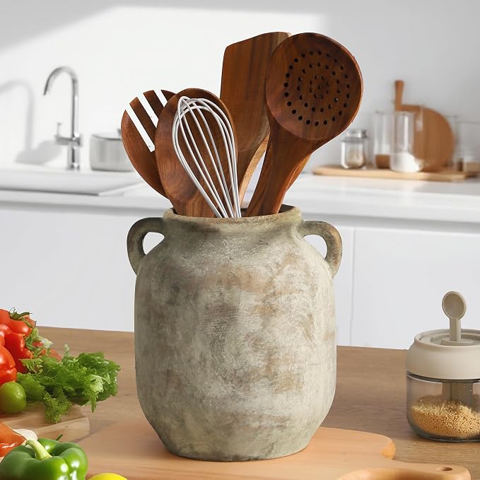 Ceramic Flower Vase Home Decor - Farmhouse Rustic Table Vases with Handle Living Room Decoration Decorative Vintage Pottery for Kitchen Shelf Coffee Dining Bookshelf Fireplace Centerpiece (7.6" Retro)