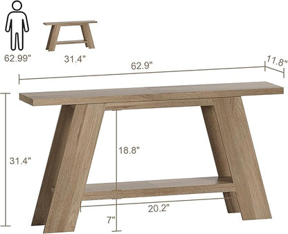 Treocho 63 Inch Long Farmhouse Console Tables for Entryway, 2-Tier Modern Wood Sofa Table with Shelf Behind Couch, Contemporary Narrow Entryway Table for Living Room, Hallway, Entrance, Walnut
