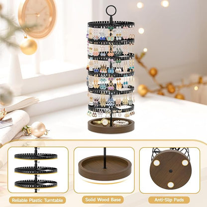 MODOWEY 6 Tier Rotating Earring Holder Organizer Display Tree with Wooden Tray, Adjustable Plastic Stand with 342 Slots for Stud Hoop Hanger, Large Capacity Storage Rack for Women Space Saving, Black