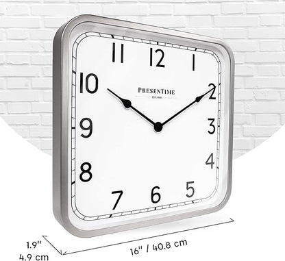 Presentime & Co 16" Anton Vintage Square Clock, Silent No Ticking, Wall & Mantel 2 in 1 Clock, Desk and Shelf Clock, Tabletop Décor, Modern Silver Color