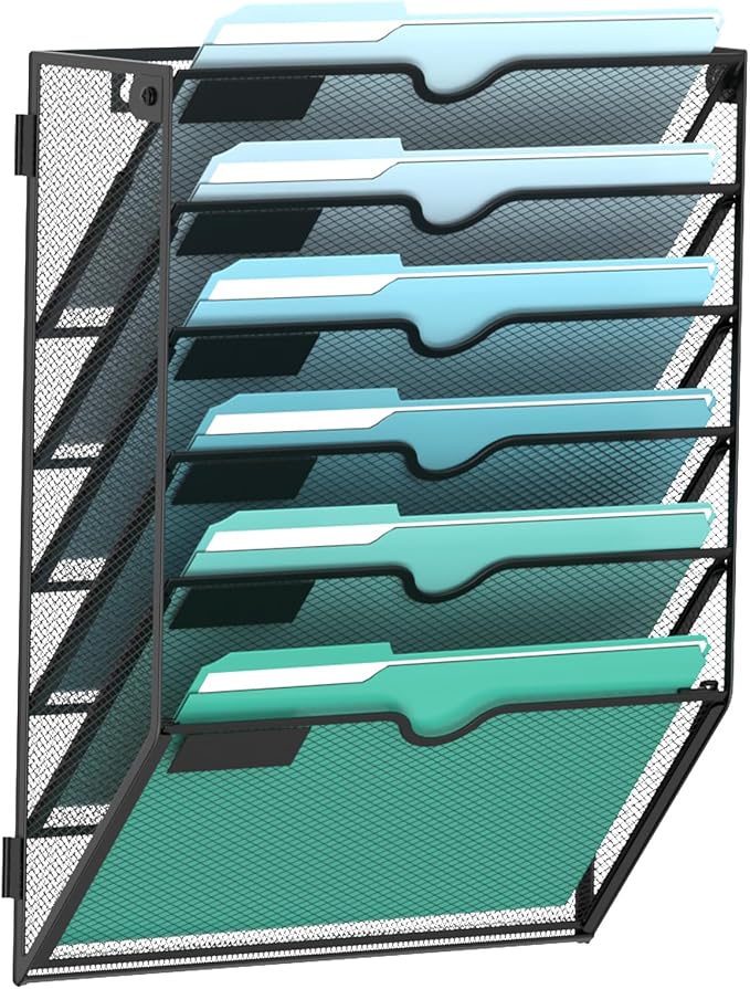 SUPEASY 6-Tier Wall File Organizer, Hanging Wall Files for Papers, Folders, Magazines, Wall Organizer for Clipboard, Assembly Needed, Black