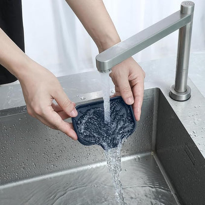 MicoYang Silicone Soap Dish with Drain Spout, Self-Draining Sink Organizer Tray for Bathroom and Kitchen, Sponges, Dispensers & Soap Holder, Non-Slip & Dishwasher Safe, Navy Blue (Compact, 4.9"×3.2")