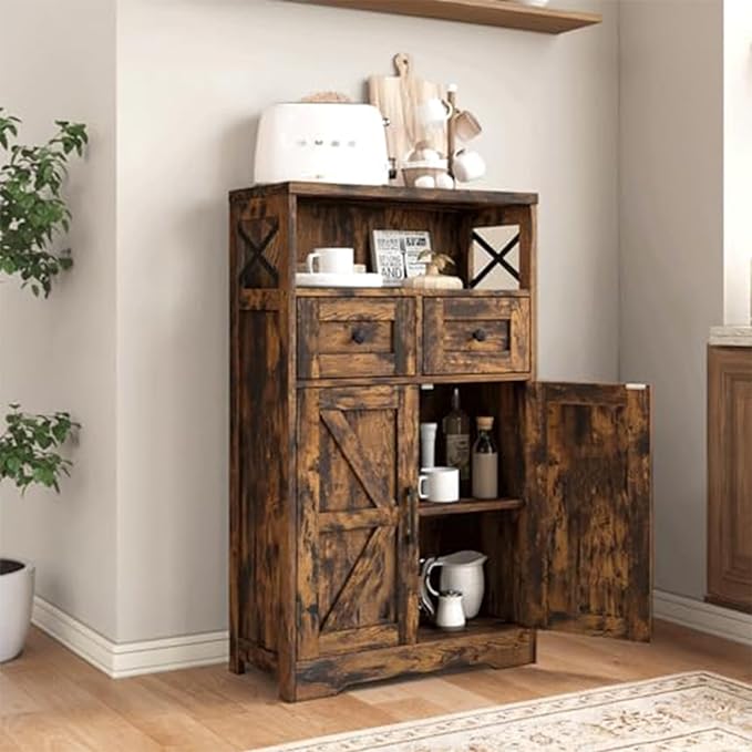 Rustic Brown Farmhouse Storage Cabinet with Barn Doors and Shelves, Freestanding Kitchen Pantry Storage Cabinet, Coffee Bar Station, Hutch Cupboard for Kitchen, Dining Room, Livingroom