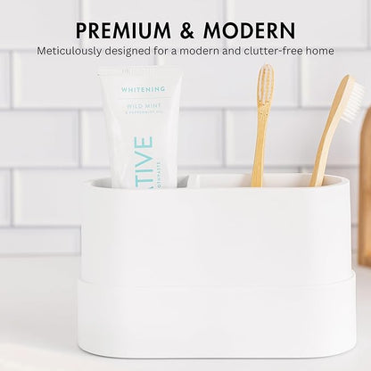 Yew Design Matte White Large Toothbrush and Toothpaste Holder and Cup for Bathroom Vanity and Countertop, Round Organizer for Electric Toothbrushes, Floss, Razors, Cotton, and Mouthwash