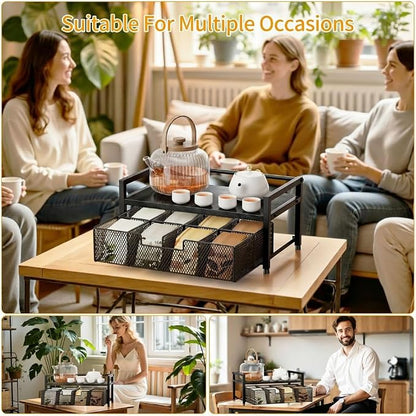 Tea Bag Organizer, Tea Bag Holder with Drawer, Wood and Metal Tea Organizers and Storage Chest for Countertop Kitchen, Office, Black
