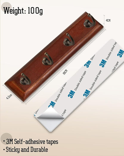 Key Holder for Wall Adhesive, No Damage Small Key Rack with 4 Hooks for Camper, RV or Office, Brown
