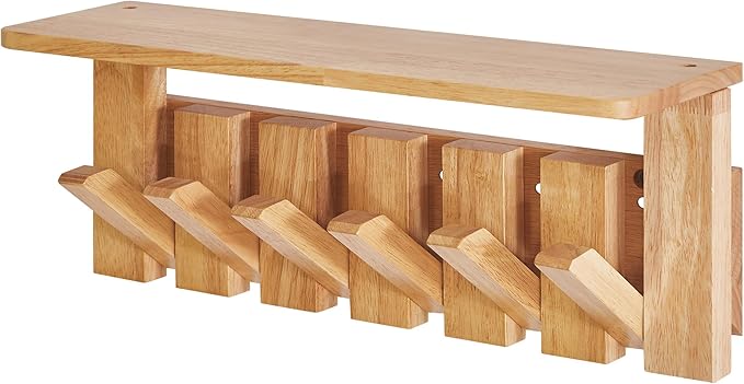 YMYNY Coat Rack Wall Mount with Shelf, Wall Shelf with Retractable Hooks, Wooden Wall Coat Rack for Hanging Clothes/Coats/Keys/Hats/Towels/Bags, Natural, HWS008N