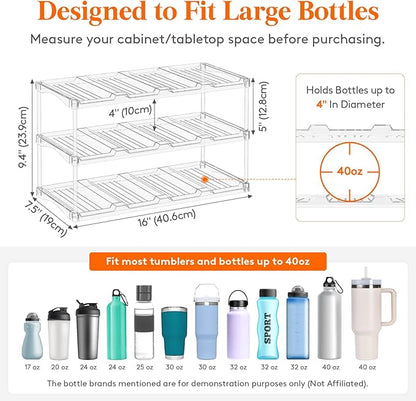 Lifewit Stackable Bottle Storage Organizer, Clear Freestanding Wine Holder for Cabinet, Large Slot Water Bottle Tumbler Cup Organizer for Pantry, Plastic Wine Rack for Fridge Cellar, 3Tier Hold 12